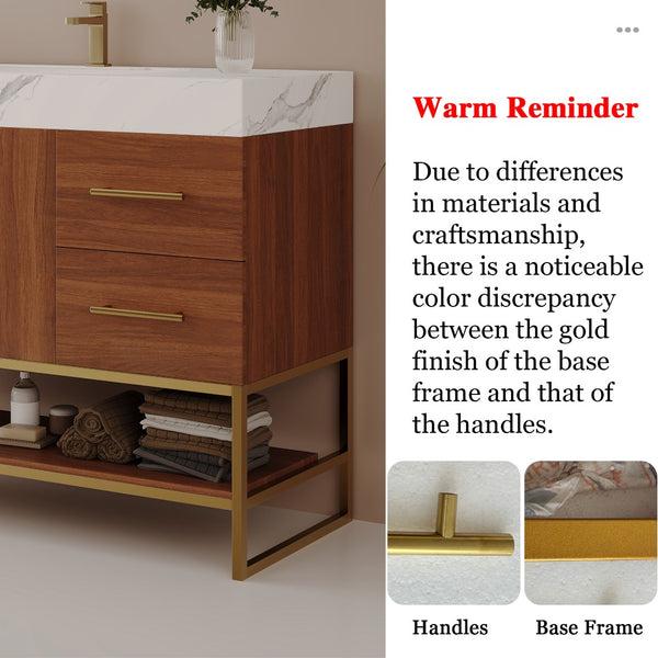 English Elm 36" Freestanding Bathroom Vanity Sintered Stone Top Integrated Basin Gold Hardware W3136S00057