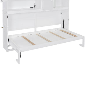 English Elm Twin Murphy Bed with Cabinet Shelves Built in Lighting Usb Ports Space Saving Wall Unit White LP000389AAK-1