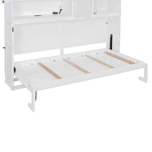 English Elm Twin Murphy Bed with Cabinet Shelves Built in Lighting Usb Ports Space Saving Wall Unit White LP000389AAK-1