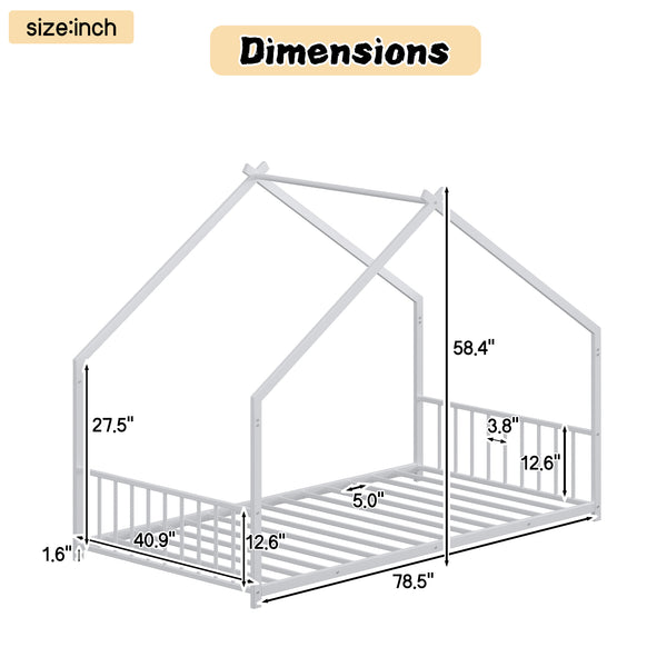 English Elm Twin iron roof bed frame with LED light strips for kids, sturdy 350lb capacity, easy 30-min assembly White W1820P308330