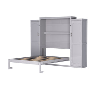 English Elm Full Full Size Murphy Bed with Two Wardrobes and Foldable Platform, Space-Saving Modern Guest Solution Gray 84.9 L x 12 W x 7 H N733S235596E