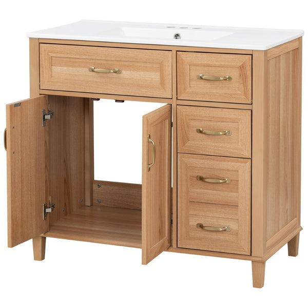 English Elm [video] 36 Inch Freestanding Bathroom Vanity with Ceramic Sink and Soft Close Storage N759P395344N