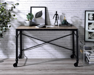 English Elm Oklarth Industrial Rustic Oak Writing Desk with Black Metal Frame, Nailhead Accent, Mobile Wheels B2726P265732