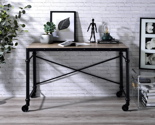 English Elm Oklarth Industrial Rustic Oak Writing Desk with Black Metal Frame, Nailhead Accent, Mobile Wheels B2726P265732