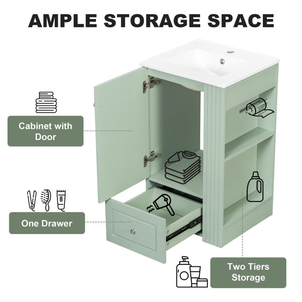 English Elm 20" Freestanding Bathroom Vanity Mdf Cabinet Ceramic Sink Open Shelves Powder Room Green N725P364210F