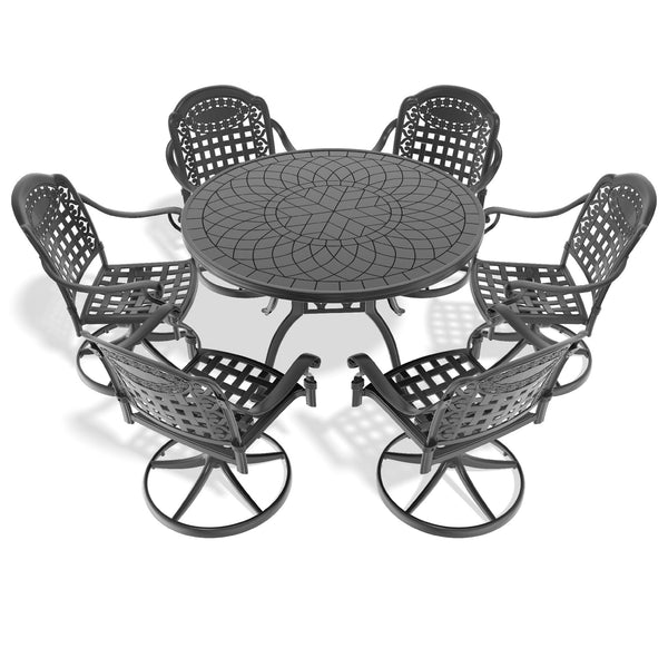 English Elm 7-Piece All-Weather Cast Aluminum Dining Set With 6 Comfortable Swivel Chairs & Round Table W1710S00446