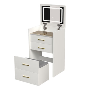 English Elm 3 3 in 1 Vanity Desk with Glass Top, Flip-Top Jewelry Organizer, Hidden Storage & Plush Bench W509P238992