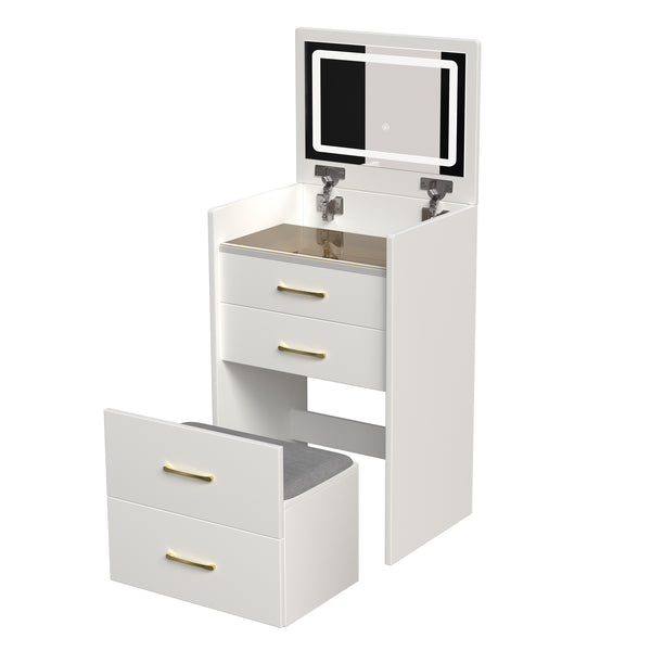 English Elm 3 3 in 1 Vanity Desk with Glass Top, Flip-Top Jewelry Organizer, Hidden Storage & Plush Bench W509P238992