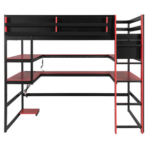 English Elm Full Size Gaming Loft Bed with Rgb Lights Wraparound Shelves and Built-in Usb Ports Red LT000299AAJ