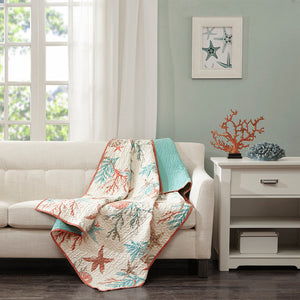 JLA Home Madison Park - Oversized Coastal Cotton Quilted Throw with Starfish & Coral Motifs, Reversible Aqua Comfort and Warmth MP50-3723