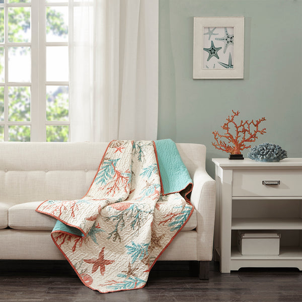 JLA Home Madison Park - Oversized Coastal Cotton Quilted Throw with Starfish & Coral Motifs, Reversible Aqua Comfort and Warmth MP50-3723
