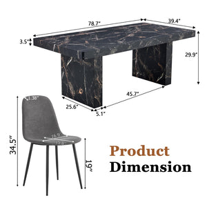 English Elm Table and Chair Set 7 Piece Marble Pattern Mdf Top with Linen Dining Seats Black,Dark Gray W1151S03917
