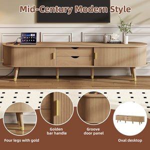 English Elm Wooden Fluted Tambour Media Console Mid Century Modern Tv Stand with Built in Charging Natural N721P428444L