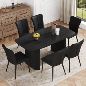 English Elm Table Set: Modern Black Wood Grain Dining Table With 6 Ergonomic Pu Chairs For Stylish Dining Spaces W1151S04181-GIGA