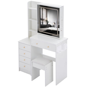 English Elm 37" Stylish Vanity Table Set With Cushioned Stool, Led Mirror, Usb Ports & Hair Dryer Stand - Perfect For Modern Bedrooms! W936P224319