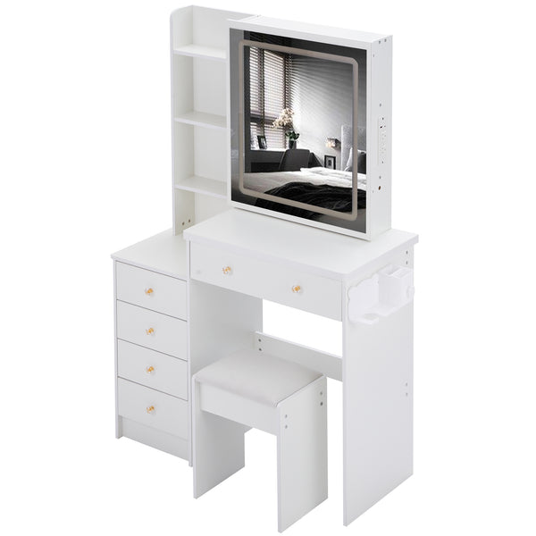 English Elm 37" Stylish Vanity Table Set With Cushioned Stool, Led Mirror, Usb Ports & Hair Dryer Stand - Perfect For Modern Bedrooms! W936P224319
