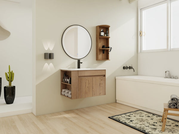 English Elm 30" Wall-Mounted Bathroom Vanity With Ceramic Sink, Soft-Close Doors & Versatile Storage Rack W999S00342