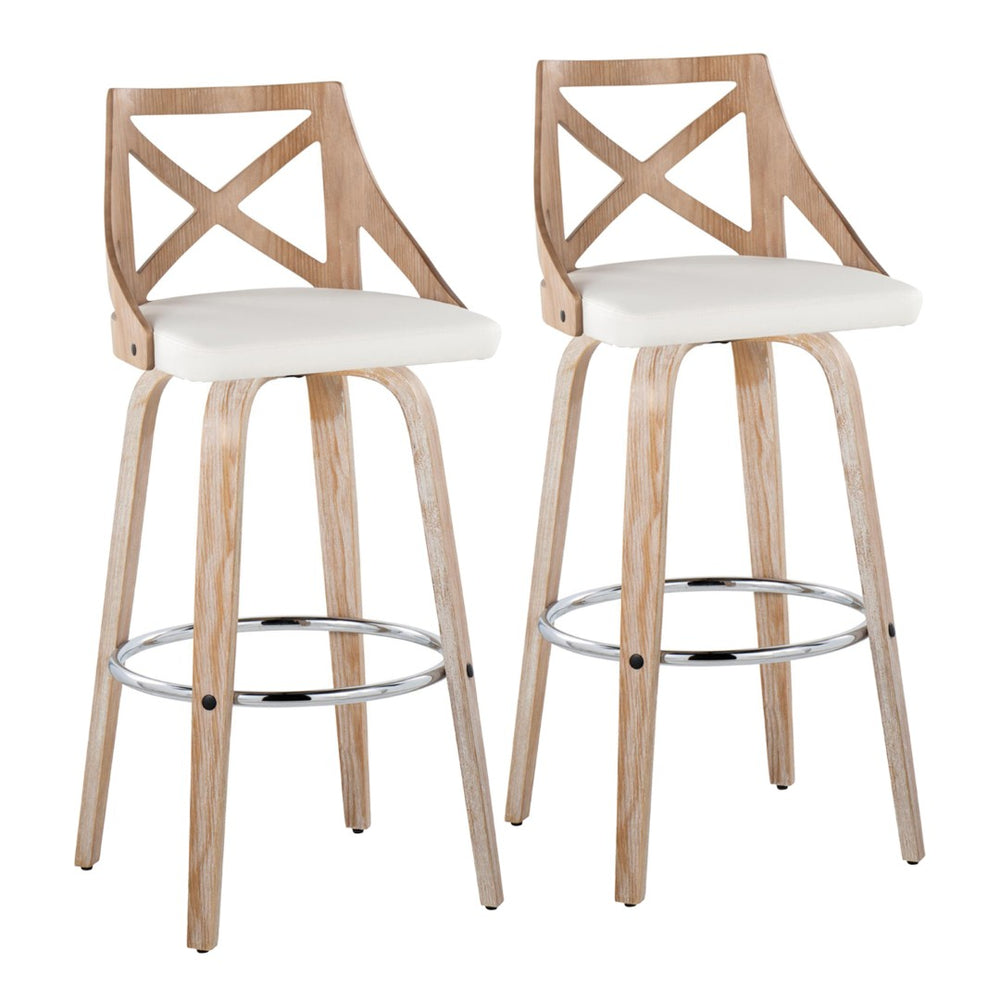 English Elm Fixed-height Swivel Barstools Whitewashed Wood Faux Leather Seat Chrome Footrest Set 2 B202S01890