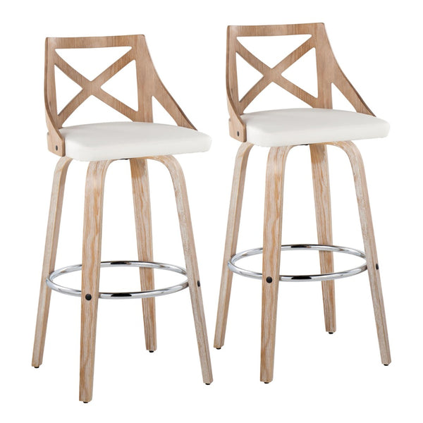 English Elm Fixed-height Swivel Barstools Whitewashed Wood Faux Leather Seat Chrome Footrest Set 2 B202S01890