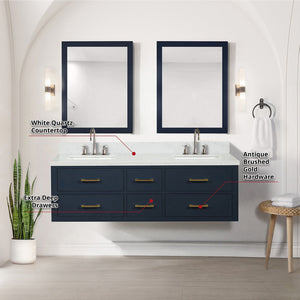 English Elm Blue Double Bath Vanity 60" W x 22" D with White Quartz Top, Chrome Faucets & Dual 28" Mirrors B2731S01823