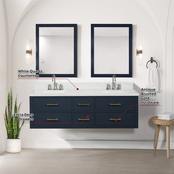English Elm Blue Double Bath Vanity 60" W x 22" D with White Quartz Top, Chrome Faucets & Dual 28" Mirrors B2731S01823
