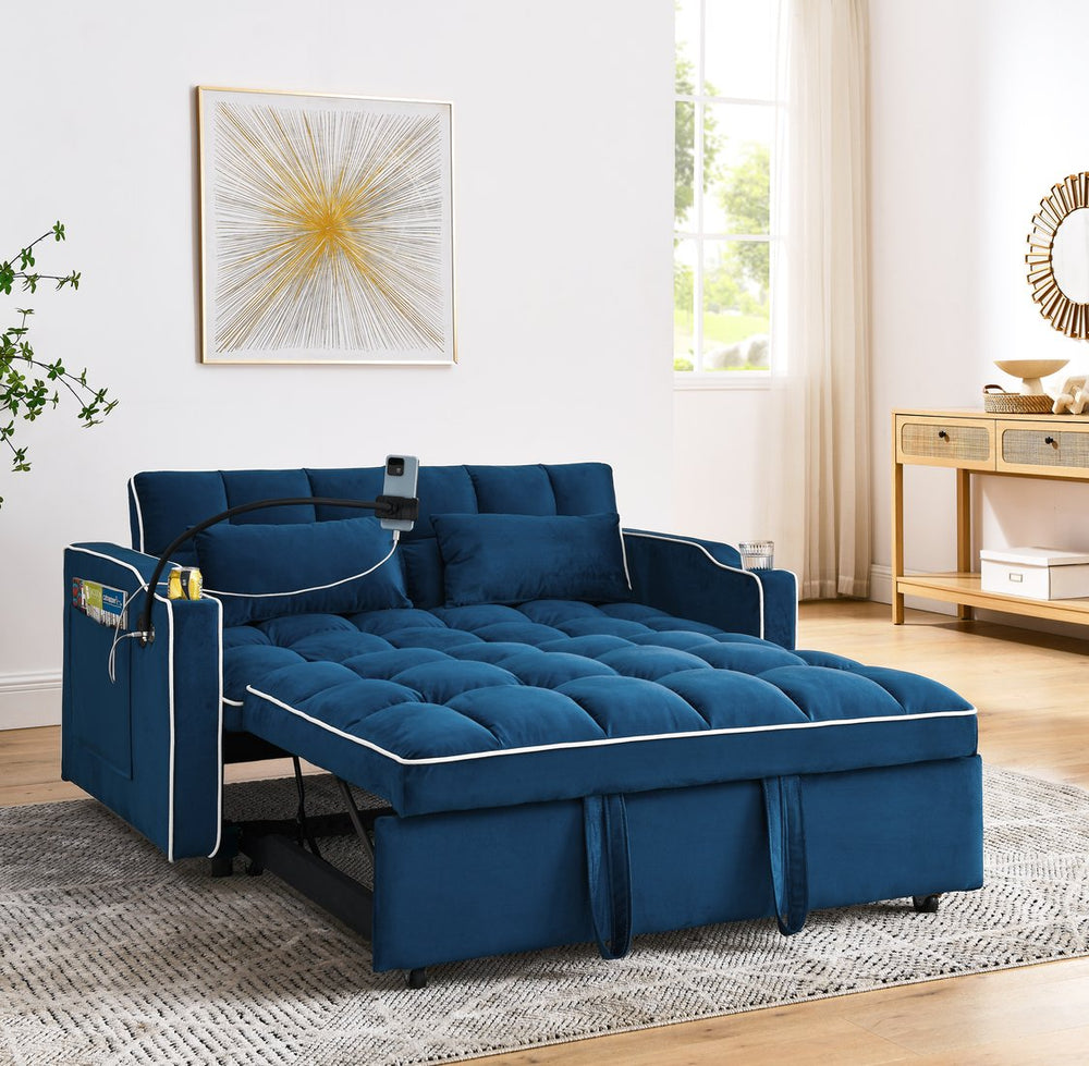 English Elm 55.51 Convertible Velvet Sofa Bed with USB, Swivel Phone Stand & Ashtray — Foldable 3‑Length Modern Loveseat (Blue) W2353P205655