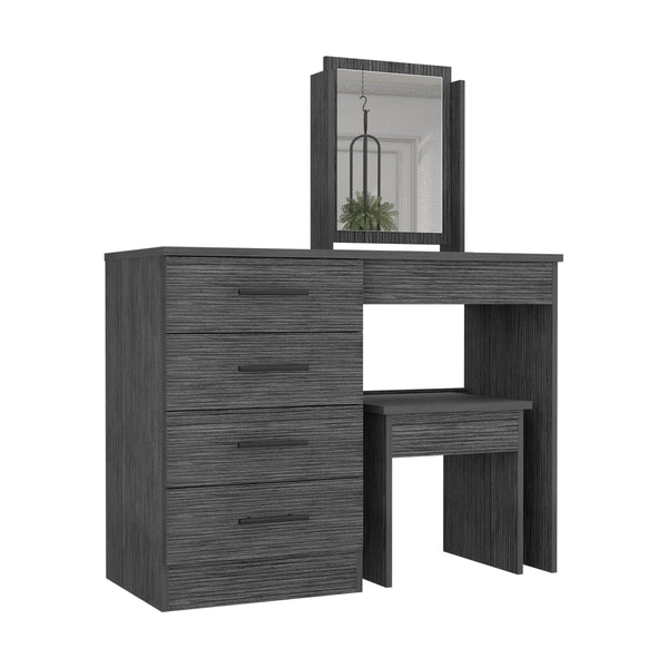 English Elm Makeup Smokey Oak Dressing Table Set with Mirror, Stool & 4 Drawers — Engineered Wood, FSC Certified B097S00145