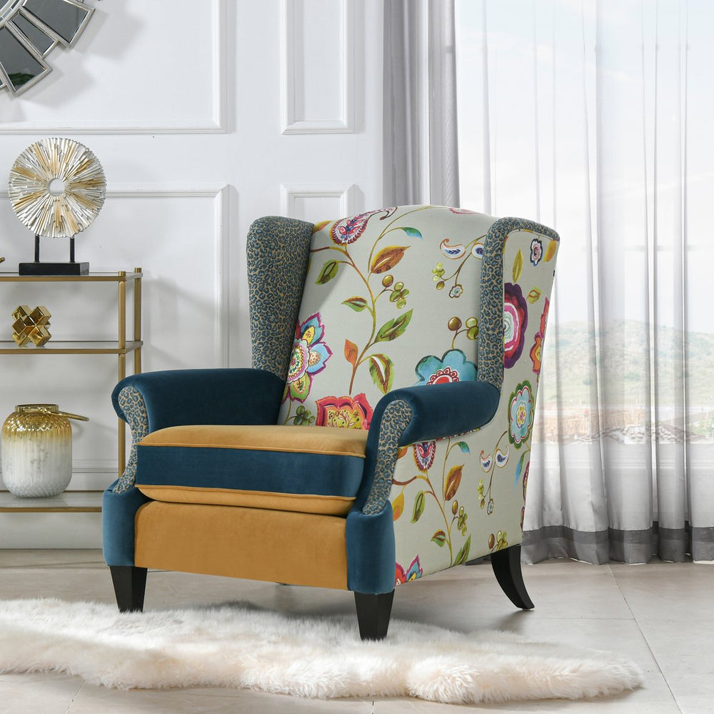English Elm Jennifer Taylor Home - Anya Boho Chic Wingback Accent Chair - Vibrant Floral & Leopard Print In Blue-Teal & Yellow-Gold B2719P238252