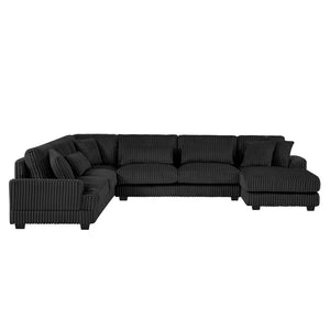 English Elm 129" Oversized Sectional Sofa U-Shaped Corduroy Chaise Lounge with Curved Armrests Plush Foam Comfort Black N719S001690B