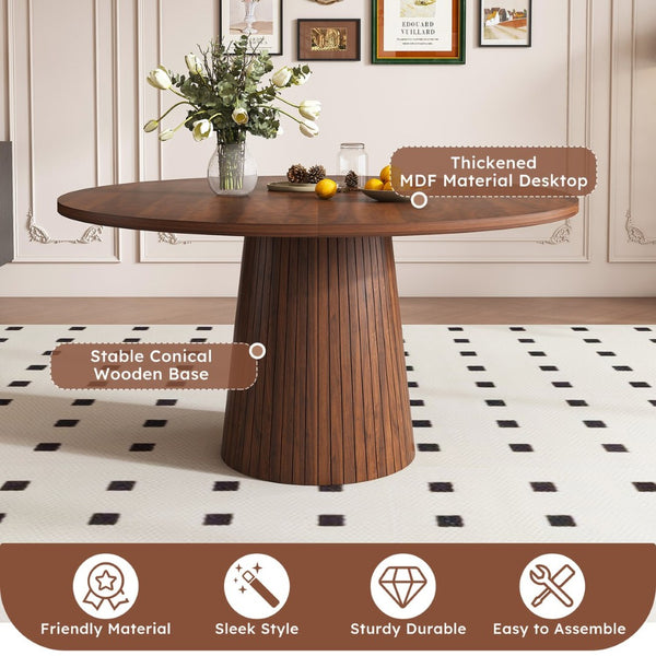 English Elm 47 Inch Round Marble Veneer Mdf Dining Table Seats Four with Slim Wood Strip Base Walnut W2700P404637