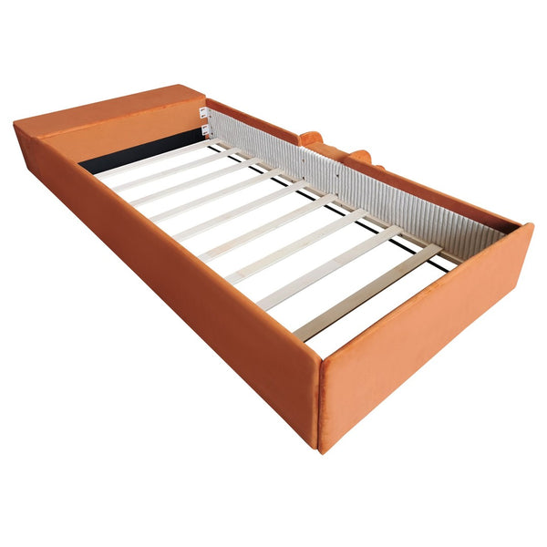 English Elm Twin Velvet Kids Daybed with Built-in Stairs Padded Guardrails and Gas Lift Storage Brown+White SF000201AAD