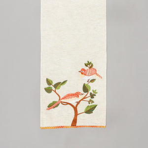 English Elm Bird 72in Embroidered Cotton Table Runner Ivory — Peony Motif, Rustic Slub Texture, Eco Artisan Decor B346P321270