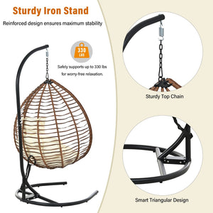 English Elm U_style Wicker Hanging Egg Chair with Stand Foldable Indoor Outdoor Swing Seat Brown+Beige N711P389502K