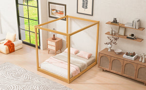 English Elm Queen Canopy Platform Bed with Sturdy Support Legs, Pine/MDF Frame, Slatted Ventilated Base, 550lb Capacity Natural WF293232AAM