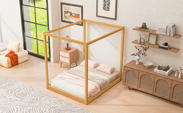 English Elm Queen Canopy Platform Bed with Sturdy Support Legs, Pine/MDF Frame, Slatted Ventilated Base, 550lb Capacity Natural WF293232AAM