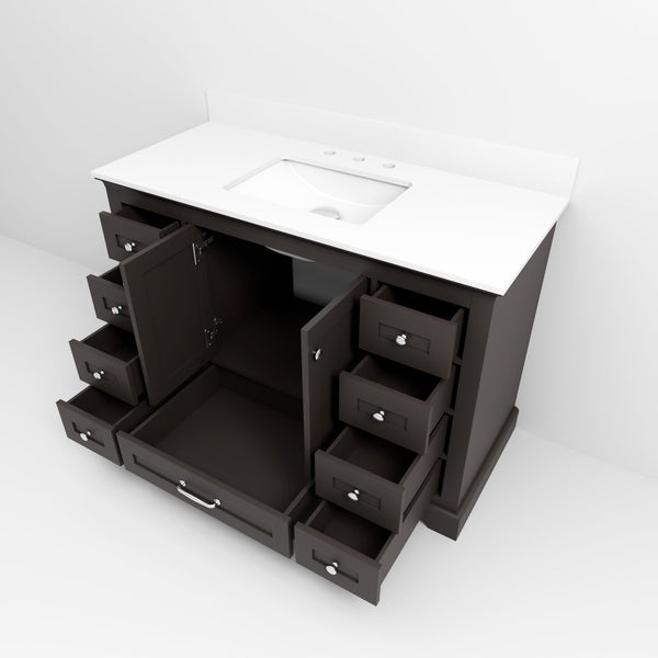 English Elm Espresso 48 in Single Bath Vanity with White Quartz Top, Solid Wood, Soft-Close Drawers, Storage Durable B2731P258229