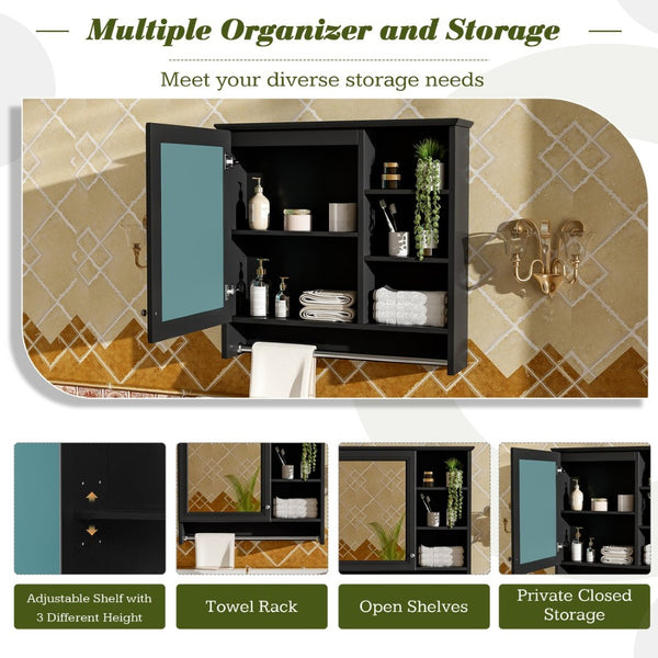 English Elm 30 Inch Wall Mount Mirror Cabinet Mdf Storage with Soft Close Hinges Bathroom Vanity Black N710P186086B