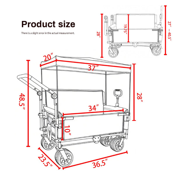 English Elm 3-in-1 Folding Wagon with Canopy Bench Seat 500lb All Terrain Heavy Duty Cart Black W2932P354213