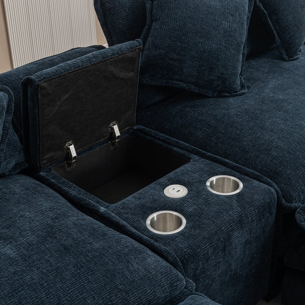 English Elm 111" Sectional Sofa Chenille Upholstered with Removable Ottoman, USB Ports, Cup Holders & Storage Box Blue N719S001480C