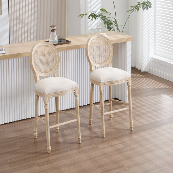 English Elm French Country Bar Chairs Set Of 2 - Upholstered Rattan Back, Vintage Elegance For Dining & Living Spaces W3426P324575