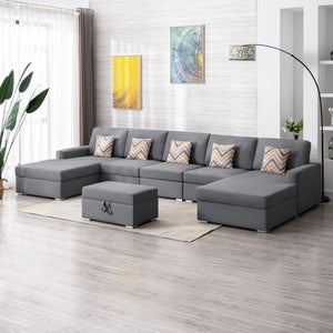 English Elm Nereo Gray Linen Double Chaise Sectional with Storage Ottoman for Spacious Living Gray B2749S00127