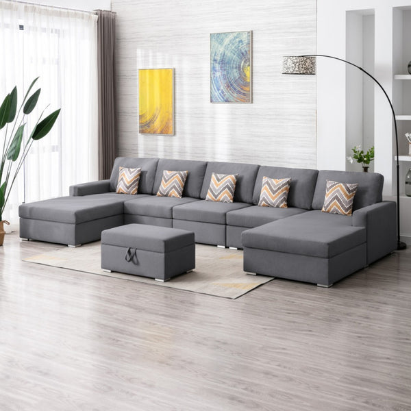 English Elm Nereo Gray Linen Double Chaise Sectional with Storage Ottoman for Spacious Living Gray B2749S00127