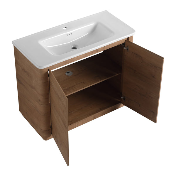 English Elm 40'' Freestanding Bathroom Vanity With White Ceramic Sink & Soft-Close Doors - Stylish Storage Solution W999S00401