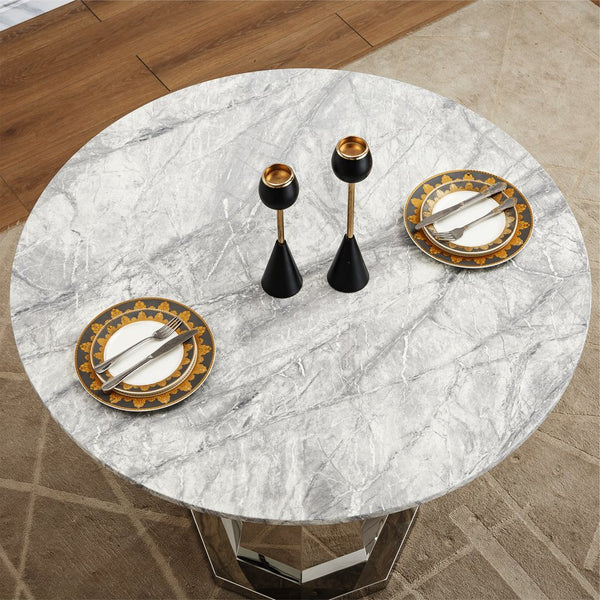 English Elm 47" Round Marble Dining Table - Modern High-Gloss Faux Marble Top & Stainless Steel Base For Elegance W3456S00031