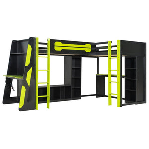 English Elm L-shaped Gaming Loft Bunk Bed Twin Wood Frame Rgb Lighting Usb Ports Storage Shelves Green LT000295AAG
