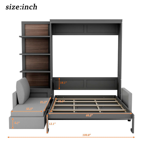 English Elm Queen Wall Bed with Linen Sofa and Open Shelving for Studio or Guest Room LP000592AAE-3