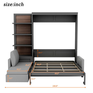 English Elm Queen Wall Bed with Linen Sofa and Open Shelving for Studio or Guest Room LP000592AAE-2