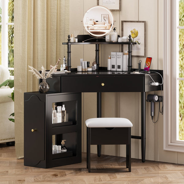 English Elm Corner Vanity Desk Set with Stool Charging Station Glass Top Pull-Out Cabinet Jewelry Organizer Black 35.82 L x 32 W x 8 H N733P336237B