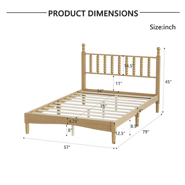 English Elm Full Size Rubberwood Platform Bed Gourd Headboard Retro Bohemian Bedroom Frame N733P338317M