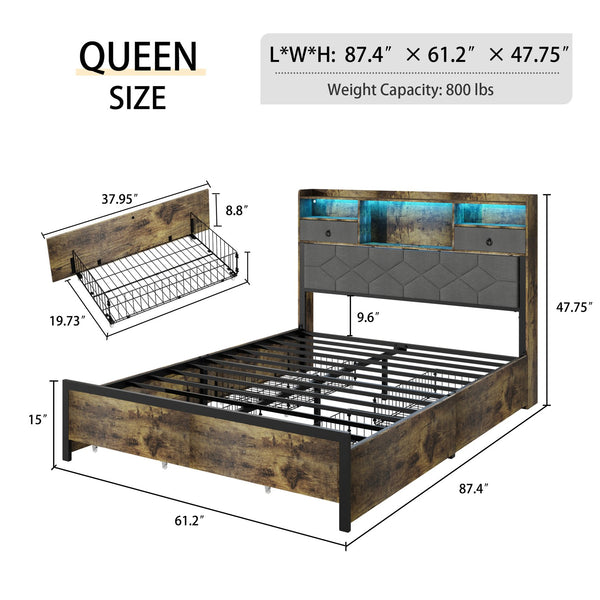 English Elm Bed Frame Queen Size with Drawers, Charging Station & RGB LED, Upholstered Storage Headboard, 1000lb Support, Antique Brown W636P193469